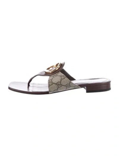 Pre-owned Gucci Gg Supreme Leather Trim Embellishment Flip Flops In Neutrals