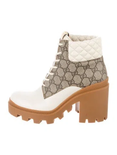 Pre-owned Gucci Gg Supreme Leather Trim Embellishment Lace-up Boots In Neutrals
