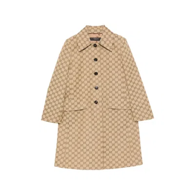 Gucci Gg Supreme Leather-trim Coat In Brown