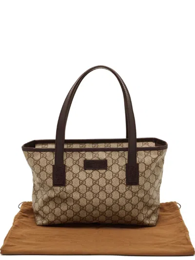 Pre-owned Gucci Gg Supreme Leather-trim Tote Bag In Neutral