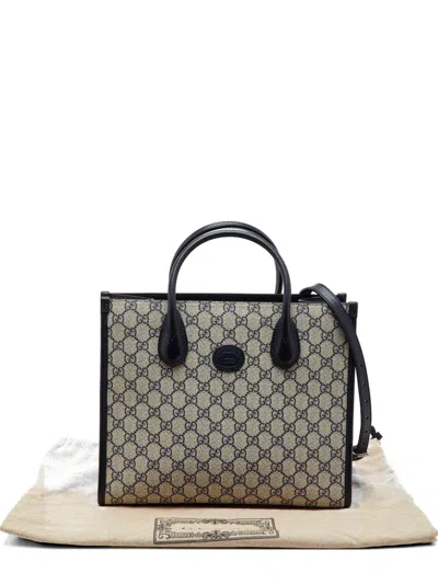 Pre-owned Gucci Gg Supreme Leather-trim Tote Bag In Neutral