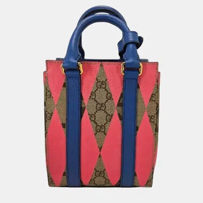 Pre-owned Gucci Gg Supreme Monogram Calfskin Rhombus Mini Tote Bag Beige Ebony Pink Blue