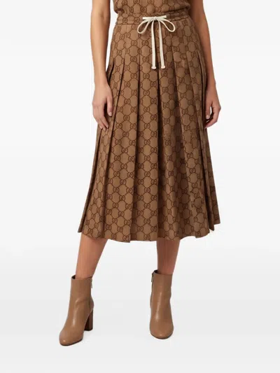 Pre-owned Gucci Gg Supreme Pleated Midi Skirt In Brown