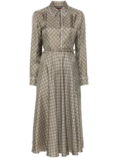 Gucci Gg Supreme-print Silk Midi Dress In Neutrals