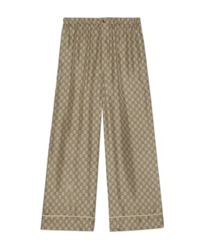 Gucci Gg Supreme Print Silk Pant In Brown