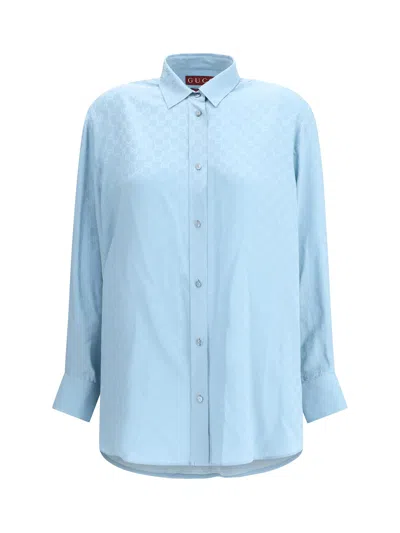 Gucci Silk Shirt With Monogram Motif In Blue