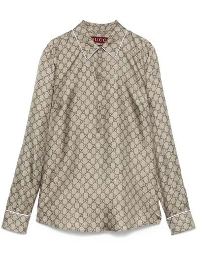 Gucci Gg Supreme-print Silk Shirt In Neutrals