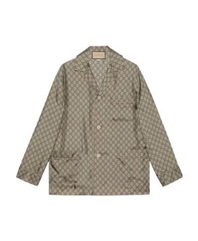 Gucci Gg Supreme-print Silk Shirt In Nude