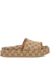 Gucci Women Beige Sandals With Leather Finishes And All-over Gg Motif In Fabric Woman In Brown