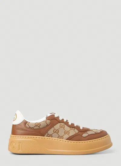 Gucci Textured Leather Sneakers With Branded Chunky Outsole In Brown