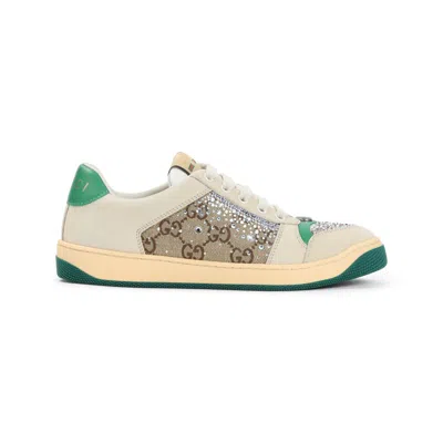 Gucci Gg Supreme Trainers With Crystal Embellishments And Contrasting Rubber Sole In Neutrals