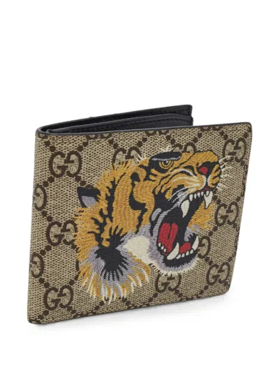 Pre-owned Gucci Gg Supreme Tiger-print Bi-fold Wallet In Neutral