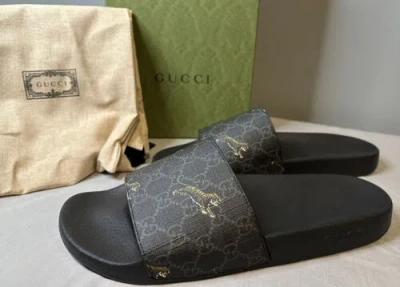 Pre-owned Gucci Gg Supreme Tigers Print Black Slides Mens Size 11 (us Size 11.5) Authentic