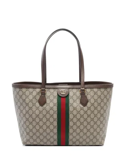 Pre-owned Gucci Gg Supreme Web Medium Tote Bag In Neutral