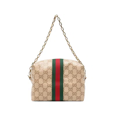 Gucci Gg Supreme Fabric Clutch Bag Stripe Detail In Brown