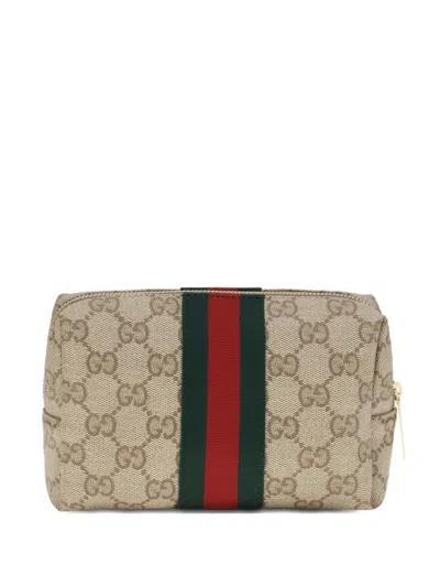 Gucci Gg Supreme Web-stripe Cosmetic Case In Brown