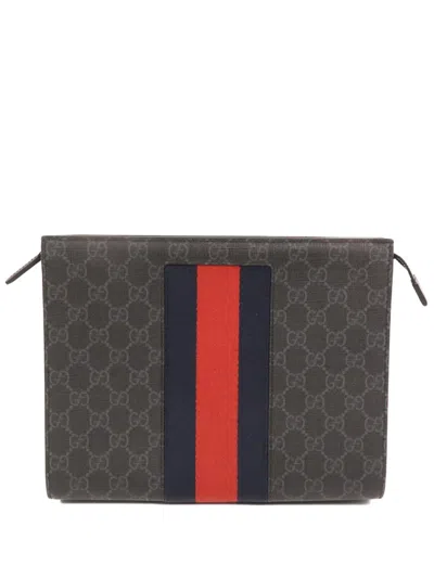 Pre-owned Gucci Gg Supreme Web-stripe Pouch Bag In Gray