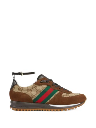 Gucci Gg Supreme Web-stripe Sneakers In Brown
