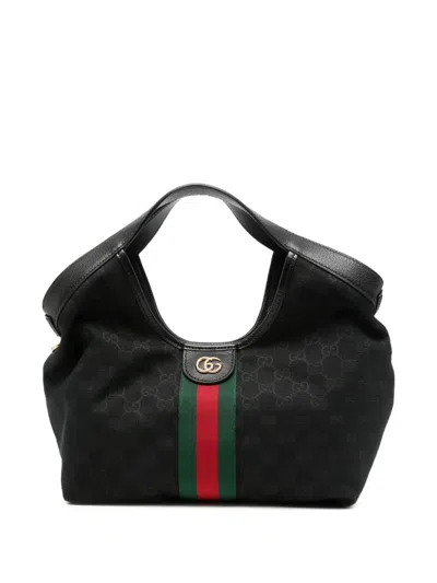 Gucci Gg Supreme Web-stripe Tote Bag In Black