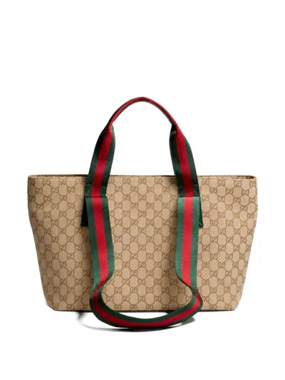 Gucci Gg Supreme Web-stripe Tote Bag In Brown