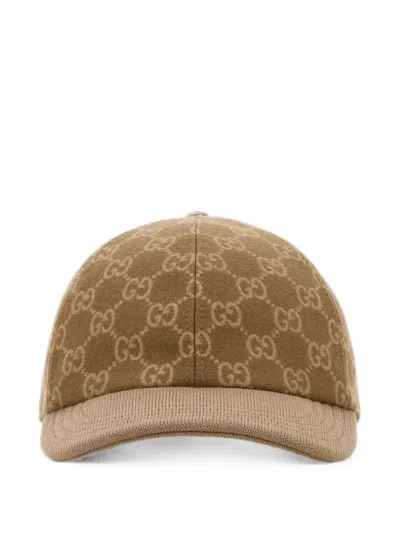 Gucci Hat Gg Embroidered Wool Baseball Cap In Brown