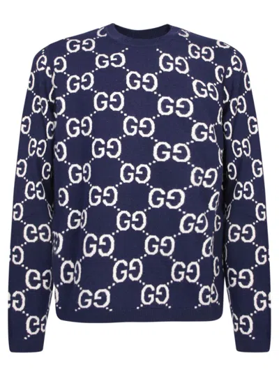 Gucci Gg Supreme Wool Crewneck Sweater In Blue
