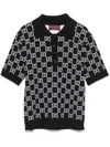 Gucci Black Polo Shirt With Ribbed Trims In Gg Canvas Woman