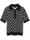 Gucci Black Polo Shirt With Ribbed Trims In Gg Canvas Woman In Black