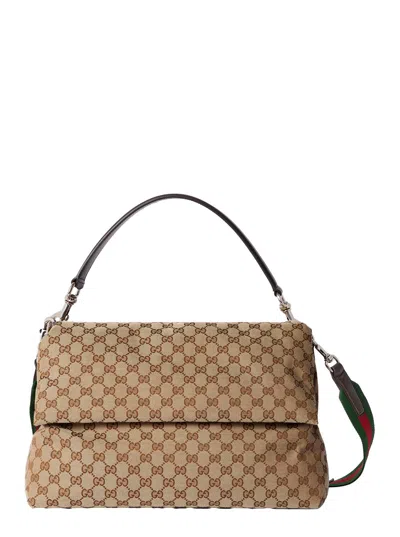 Gucci Beige Shoulder Bag With Shoulder Strap With Web Motif And Logo Lettering On The Rear In Gg Can In Multicolor