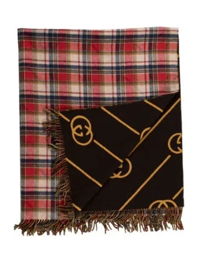 Pre-owned Gucci Gg Tartan Plaid Wool Throw Blanket In Brown