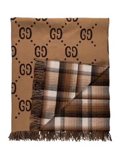 Pre-owned Gucci Gg Tartan Plaid Wool Throw Blanket In Brown