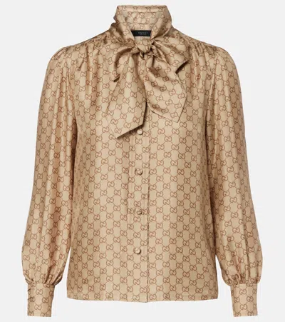 Gucci Gg Tie-neck Printed Silk Twill Blouse In Brown