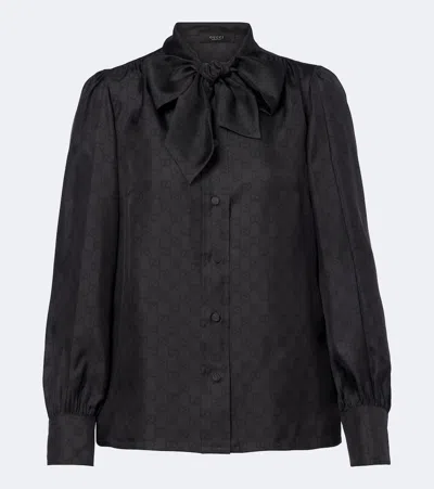 Gucci Gg Tie-neck Silk Twill Blouse In Black