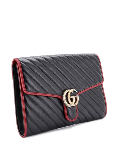 Pre-owned Gucci Gg Torchon Flap Diagonal Quilted Leather Clutch Bag In Black