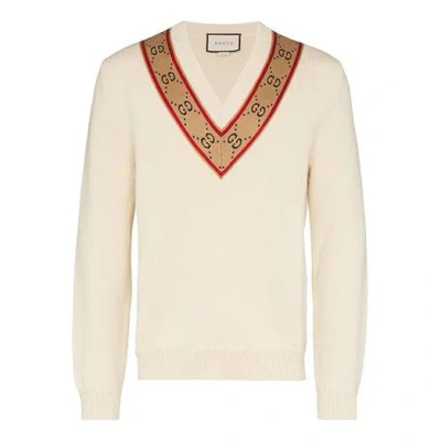 Gucci Gg V-neck Wool Sweater 'beige' In White