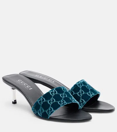 Gucci Gg Velvet Mules In Blue
