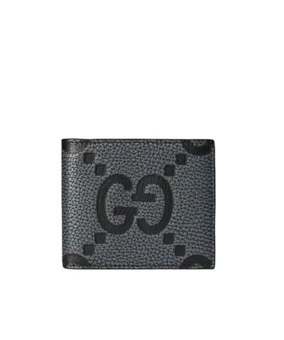 Gucci Mini Jumbo Gg Black Leather Wallet In Gray