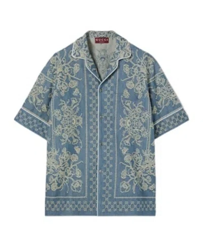 Gucci Gg Washed Denim Jacquard Shirt In Blue