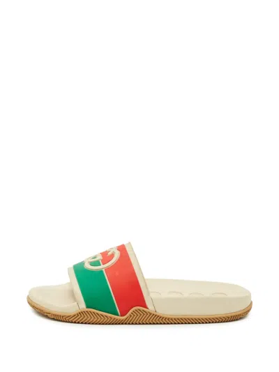 Pre-owned Gucci Gg Web Pool Slides In Neutral