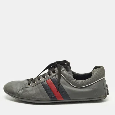 Pre-owned Gucci Gg Web Size 43 Grey Leather Driver Low Top Sneakers In Gray