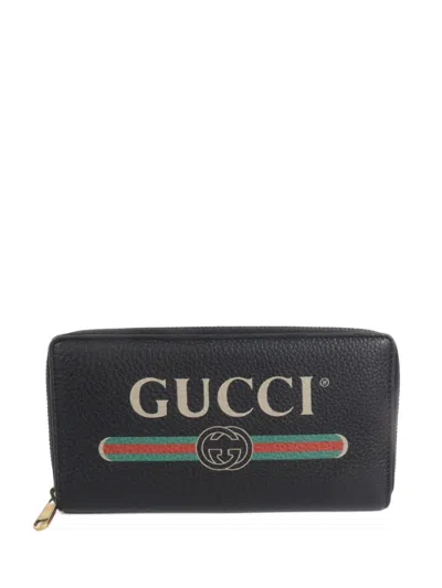 Pre-owned Gucci Gg Web Zip-around Leather Wallet In Black