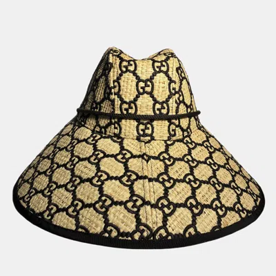 Pre-owned Gucci Gg Wide Brim Raffia Hat In Sand