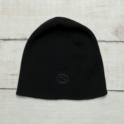 Pre-owned Gucci Gg Winter Hat Beanie Big Logo Wool Black