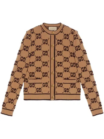 Gucci Gg Wool Cardigan In Brown