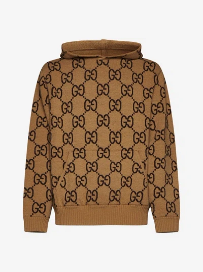 Gucci Gg Supreme 图案羊毛连帽衫 In Camel,chocolate