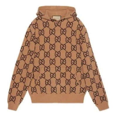 Gucci Gg Wool Hooded Sweatshirt 'camel Ebony' In Brown