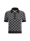 Gucci Black Polo Shirt With Ribbed Trims In Gg Canvas Woman In Black/white