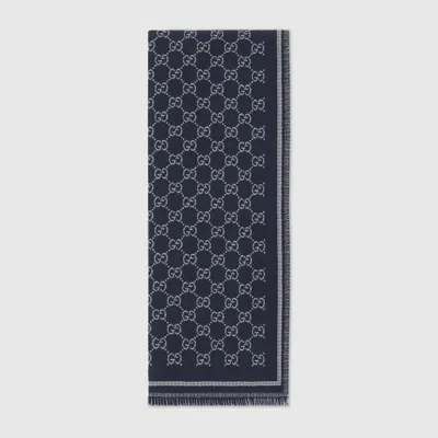 Gucci Gg Wool Jacquard Scarf In Blue