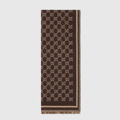 Gucci Gg Wool Jacquard Scarf In Brown