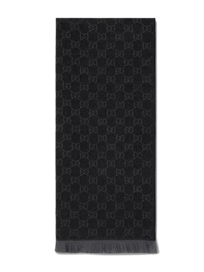 Gucci Gg Wool Jacquard Scarf With Fringe Trim, 45 Cm X 185 Cm In Nero